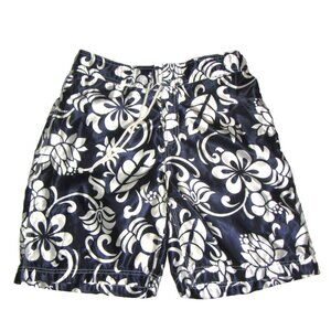 Rise Swim Trunks Size 36 Board Shorts Dark Navy Blue White Floral Hawaiian